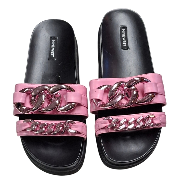 Nine West Platform Slides Chain Detail Pink Slip-On Flat Sandals Women Size 10 - Picture 4 of 16